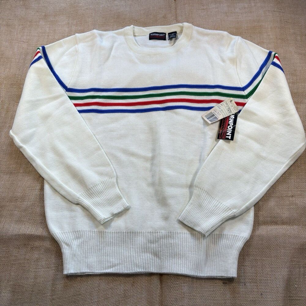 Vintage 80s Turnpoint Men's Cream Striped Crewneck Acrylic Sweater Size XL NWT